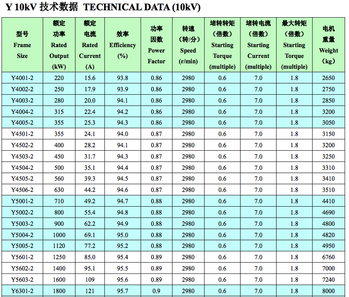 Y10kV中型高壓電機技術數(shù)據(jù)1
